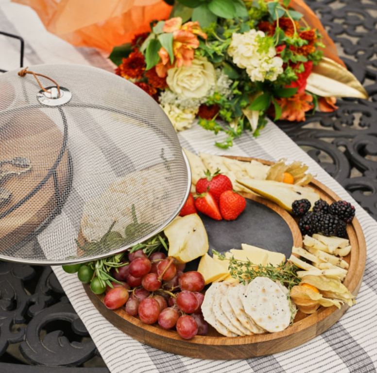 12.5" Acacia & Slate Cheese Board w/ Metal Mesh Dome Cover