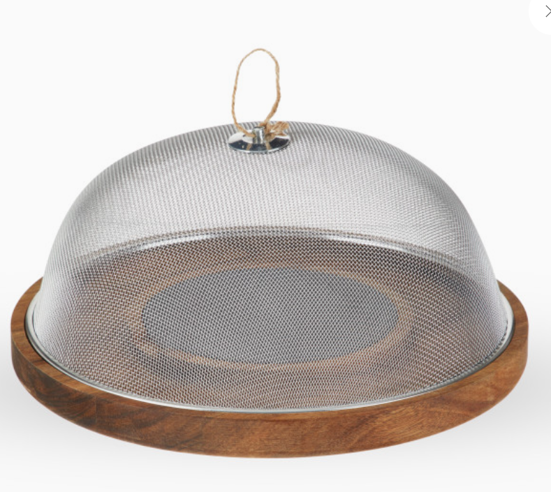 12.5" Acacia & Slate Cheese Board w/ Metal Mesh Dome Cover