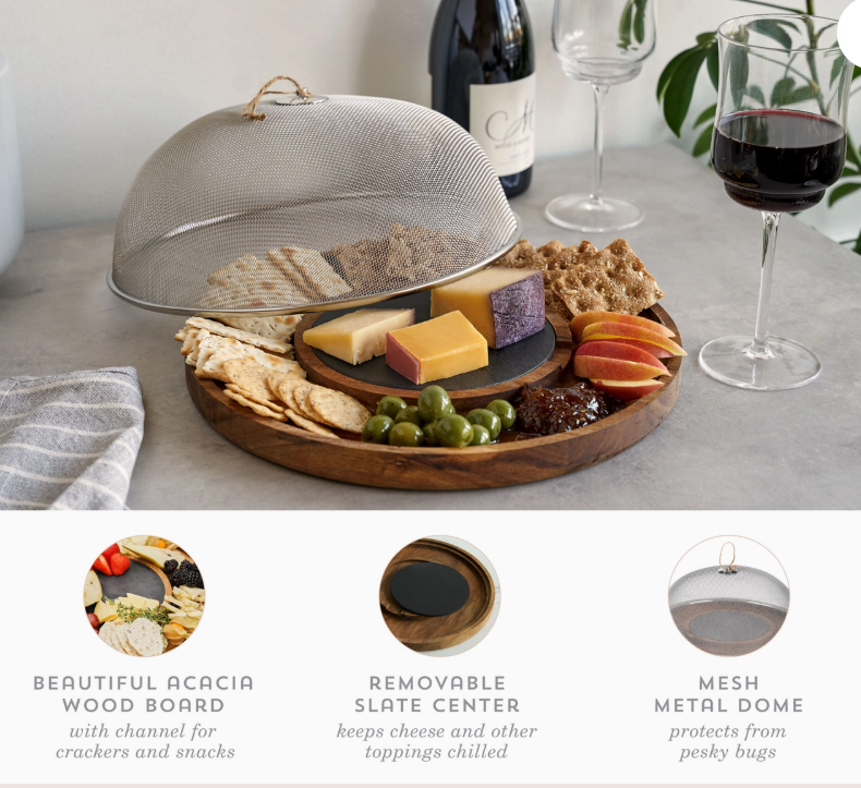 12.5" Acacia & Slate Cheese Board w/ Metal Mesh Dome Cover