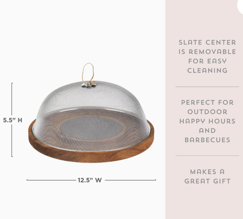12.5" Acacia & Slate Cheese Board w/ Metal Mesh Dome Cover